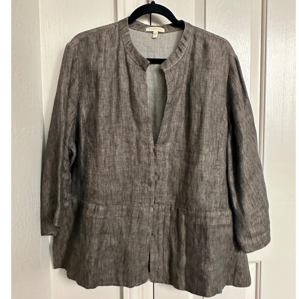 Eileen Fisher‎ 100% Linen Double Weave Mandarin Collar Jacket Gray Brown XL
